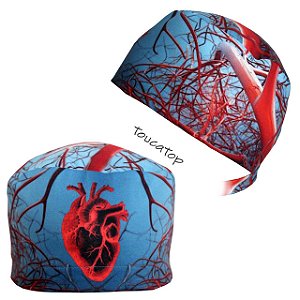Gorro Cirúrgico Coração Frontal Artérias Vermelhas Vascular, Azul