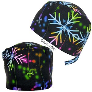 Gorro Cirúrgico, Flocos de Neve Neon Coloridos, Natal, Preto