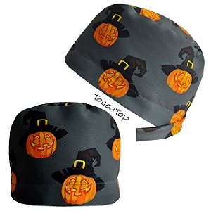 Gorro Cirúrgico, Halloween, Abóboras com Chapéu Bruxa, Cinza