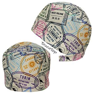 Gorro Cirúrgico, Carimbos Vistos Coloridos de Passaporte, Bege