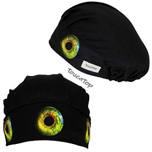 Touca Cirúrgica Feminina Plissê, Iris Verde Centralizada, Olhos, Preto
