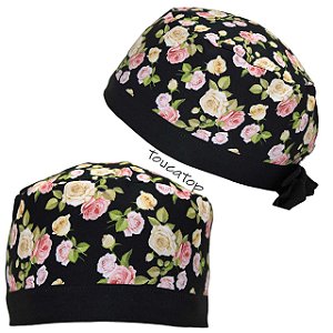 Gorro Cirúrgico, Floral, Flores, Rosas Coloridas, Preto