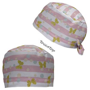 Gorro Cirúrgico, Poás, Listras Rosas, Borboletas, Branco