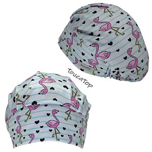 Touca Cirúrgica, Flamingos, Corações Pretos, Listras Azul Claro