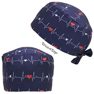 Gorro Cirúrgico, ECG, Corações Vermelhos, Azul