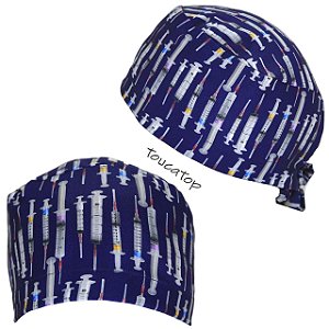 Gorro Cirúrgico Anestesia, Seringas Coloridas Pequenas Verticais, Azul