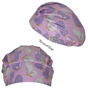 Touca Cirúrgica Feminina, Borboletas Lilas e Brancas, Dourado, Rosa