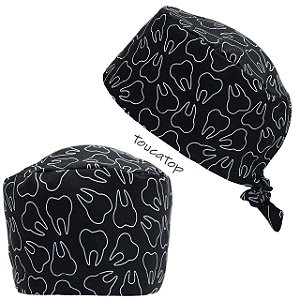 Gorro Cirúrgico Odontológico, Dentes Pretos Contorno Branco, Preto.