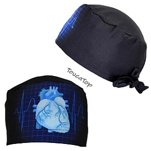 Gorro Cirúrgico, Coração Azul Central, ECG Azul, Preto