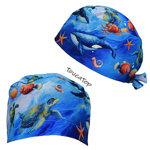 Gorro Cirúrgico, Mar, Tartaruga, Peixe, Baleia, Azul