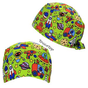 Gorro Cirúrgico, Desenhos Espaciais, Foguete, Alien, Verde