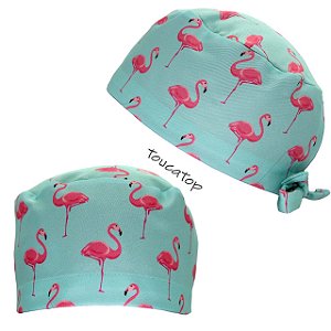 Gorro Cirúrgico Estampa Animal Print, Verde Tiffany com Flamingos Rosa