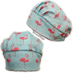 Touca Cirúrgica Feminina, Flamingos Rosa, Verde Tiffany