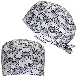 Gorro Cirúrgico,  Contorno Bulldog Francês, Traço Preto, Branco