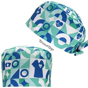 Gorro Cirúrgico, Geométricos Verdes e Azuis, Cardiologia, Ecg, Branco