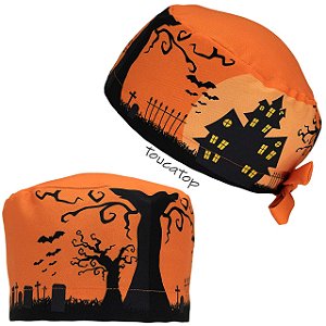 Gorro Cirúrgico, Halloween, Casa, Árvore e Túmulos Preto, Laranja