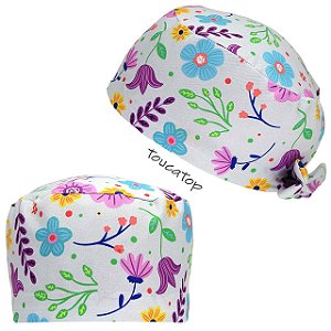 Gorro Cirúrgico, Flores Coloridas, Cinza Claro