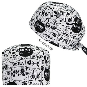 Gorro Cirúrgico, Gatinhos Preto e Branco, Meow, Branco