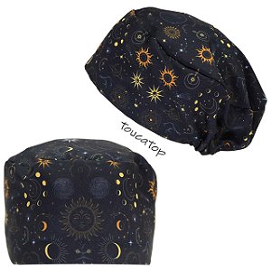 Touca Feminina Alice, Místico, Lua, Sol, Estrelas, Preto