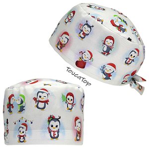 Gorro Cirúrgico, Pinguins Coloridos, Natal, Branco