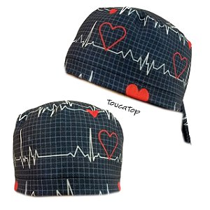 Gorro Cirúrgico, ECG Eletro Batimentos Corações Vermelhos, Jeans Cinza