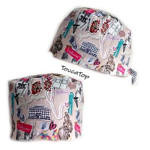 Gorro Cirúrgico, Montagem Desenhos Medicina Box Rosa, Feminino, Bege