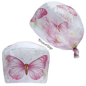 Gorro Cirúrgico, Borboletas Rosas com Dourado, Rosa Claro
