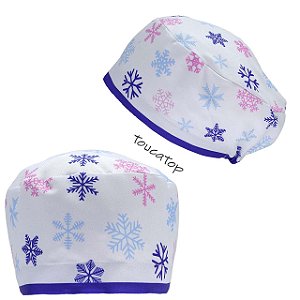 Touca Feminina ALICE, Flocos de  Neve Azul e Rosa, Barra Azul, Branco