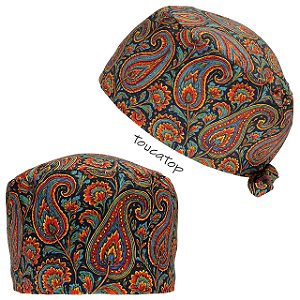 Gorro Cirúrgico, Arabesco colorido indiano, vermelho, azul, Preto