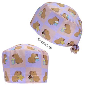 Gorro Cirúrgico, Capivaras lanchando, Quadriculado, lilás, rosa
