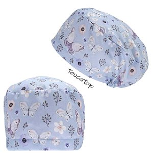 Touca Feminina ALICE, Borboletas Brancas, Flores, Azul Acinzentado