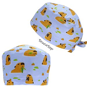 Gorro Cirúrgico, Capivaras na Água, Comendo Folha Verde, Azul