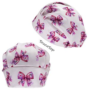 Touca Cirúrgica Feminina, Laços Rosa c/ Instrumentos Dentro, Rosa Bebê