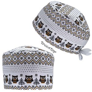 Gorro Cirúrgico, Ponto Cruz, Corujas trabalhadas, Branco