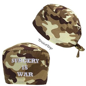 Gorro Cirúrgico, Bordado Surgery is War, Camuflado, Marrom/Bege