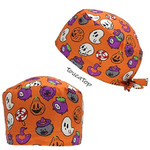 Gorro Cirúrgico, Halloween, Fantasma, Abóbora, Gatinho, Laranjado