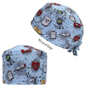 Gorro Cirúrgico, Símbolos Médicos, coração, band-aid, termometro, Azul