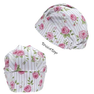 Touca Cirúrgica Feminina, Listrado com Rosas, Branco