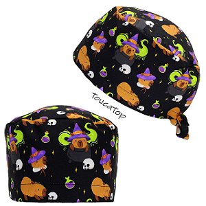 Gorro Cirúrgico, Capivara, Halloween, Poção, Crânio, Caldeirão, Preto