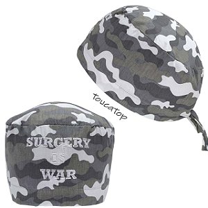 Gorro Cirúrgico, Bordado Surgery is War, Camuflado, Tons de Cinza