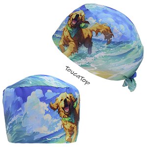 Gorro Cirúrgico, Golden Retriever Correndo no Mar, Praia, Azul