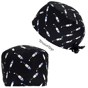 Gorro Cirúrgico, Seringas Brancas com Gota Branca, Anestesista, Preto