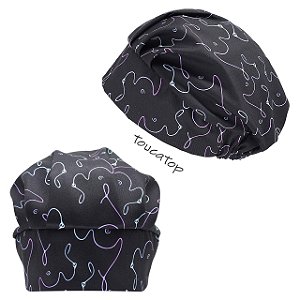 Touca Cirúrgica Feminina, Seios Mamas Estilizados Rosa Tiffany, Preto