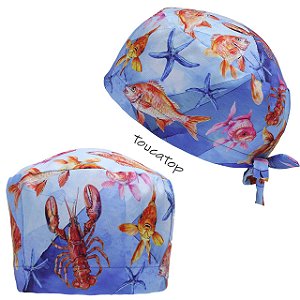 Gorro Cirúrgico, Lagosta, Peixe dourado e rosa, Estrela do mar, Azul
