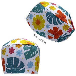 Touca Feminina ALICE, Flores Diversas Coloridas, Azul, Amarelo, Branco