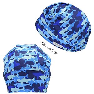 Touca Cirúrgica Feminina, Tubarões Azuis Sobrepostos, Azul Marinho