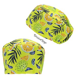 Touca Feminina ALICE, Frutas Tropicais, Laranja, folhas, verde neon