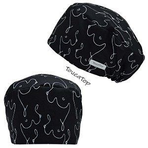 Touca Feminina ALICE, Seios e Mamas Estilizados, traço branco, Preto