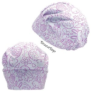 Touca Cirúrgica Feminina, Páscoa, Coelhos, Ovos, contorno Pink, Branco
