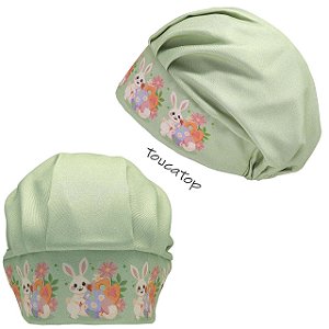 Touca Cirúrgica Feminina, Páscoa, Barrado Coelhos Aquarela, Pistache